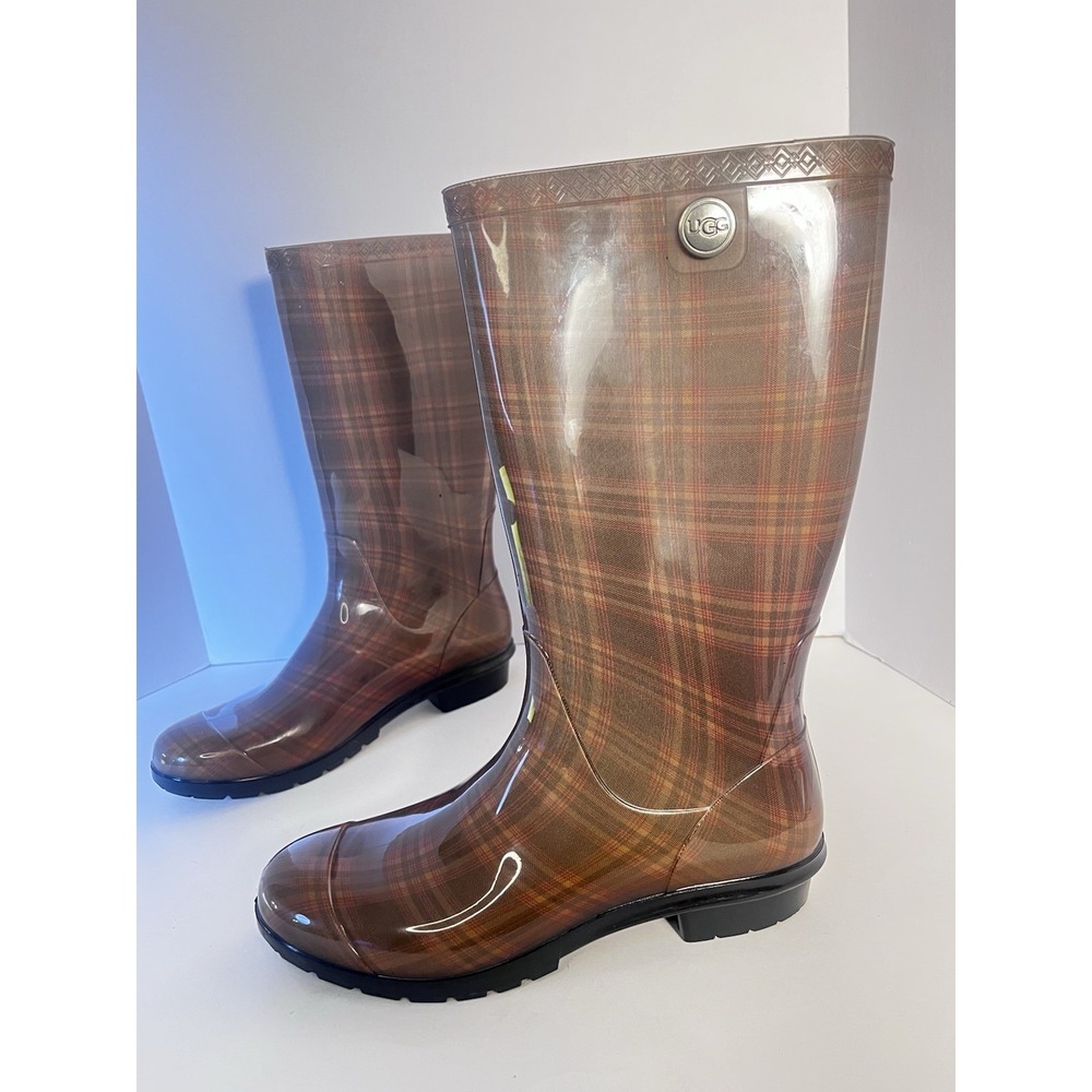 UGG Women's Shaye Rain Boot Size 10 Brown Tan Plaid Glossy Rubber Waterproof